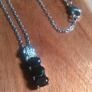 Thai Black Spinel Three Stone Stainless Steel Pendant Necklace